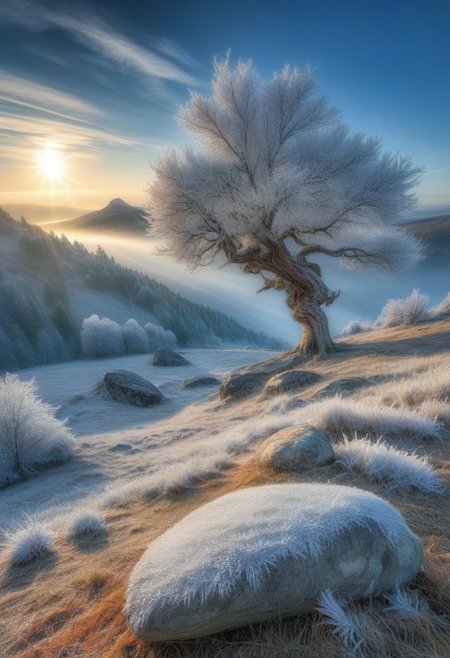 epic landscape, HDR, detailed, morning frost world, outdoor, tree, sky, cloud, day, nature, forest, rock, mountain