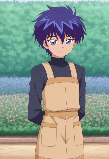 masterpiece,best quality,amazing quality, source_anime, retro artstyle,
sheido, 1boy, male focus, solo, blue eyes, blue hair, shirt, black shirt, turtleneck, apron, brown apron, smile, 
outdoor, garden, flowers,
