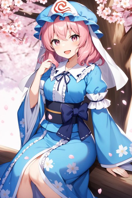 <lora:saigyouji_yuyuko XL:1>,, saigyouji yuyuko, 1girl, solo, hat, triangular headpiece, japanese clothes, open mouth, cherry blossoms, kimono, sitting, smile, mob cap, sash, tree, looking at viewer, long sleeves, wide sleeves, obi, frills, ribbon, blue kimono, frilled kimono, petals, veil, blue headwear, sitting in tree, floral print, :d, masterpiece,best quality,very aesthetic,absurdres