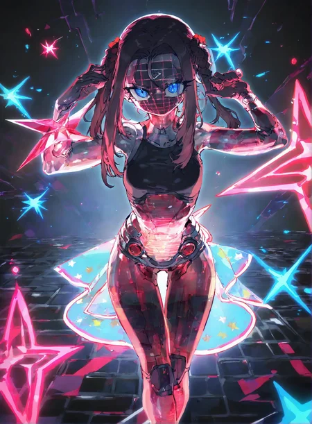 1girl ,nezha_(fate) , optical illusion, ssambatea, quasarcake, Fishine, see-through_body ,made of, tiny neon glass filaments, w0gf1l, Android, star, solo, glass skin, made of glass,neon light, detailed background,
<lora:illustrious_noobai_epsilon_pred_1_best_quality_v1:0.7> ,<lora:illustrious_noobai_epsilon_pred_1_masterpieces_v1:0.7>,  <lora:add_details_xl:0.7>,<lora:ponyv5_noobE11_1_adamW:.0.5>, <lora:World_of_Glass_Filament:1>
masterpiece, best quality, amazing quality, very aesthetic, absurdres, newest,