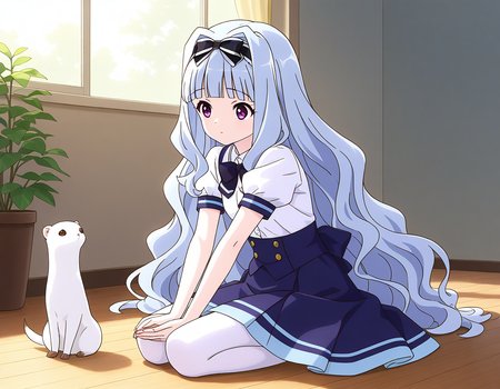 general,highres, ultra-detailed,very aesthetic,best quality ,best hands,  BREAK <lora:Watayuki_BP_IS:1>Watayuki(BP), 1girl,solo, hairband, very long hair, hair bow, purple eyes,  hair intakes, light blue hair, blunt bangs, wavy hair,
sitting, bow, shijou takane, skirt, pantyhose, seiza, indoors, school uniform, plant, white pantyhose, blue skirt,
black bow, short sleeves, animal, solo focus, potted plant,  shirt, puffy sleeves,
multiple_animals,  white_ferret,