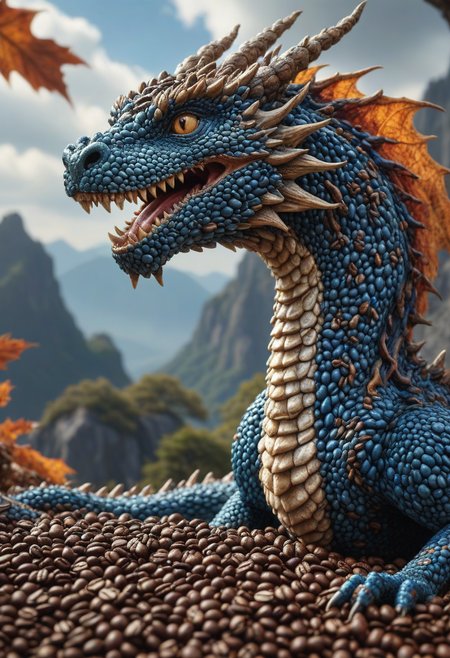 reality-shot, realism, realistic photography of a very detailed Jed-cofbns  dragon, awesome appearance, magical landscape with enchanted elements, fantasy art style, dark blue theme, intricate details, ultra sharp, exquisite detail, flawless composition, vivid colors, masterpiece, exciting background <lora:CoffeeBeansStyle:1>