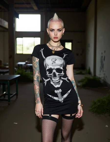 <lora:lora:1> punxgsv2, a beautiful punk woman, punk shirt, small skirt, white top, bald, tattoos, in a abandoned factory