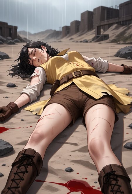 score_9, score_8_up, score_7_up, 
high quality, high resolution, detailed, highres, source_anime, masterpiece, best quality, highres, intricate, 
BREAK
1girl, solo, 
magical girl dress, yellow steampunk dress, (brown shorts:1.2), utility belt, brown boots, brown gloves, black tights, 
black hair, medium hair, messy hair,
lying, defeated, closed eyes, looking down, tired, corpse, 
blood, blood on clothes, blood on face, bloody, cuts, bruises, damaged, torn clothes, hurt, blood tears, blood pool, dying, 
broken sword, sword lying on the ground,
detailed battlefield background, wasteland, desert, heavy rain, rain, dark, night sky,  injured, scars, ruin, rocks, ruins, rain, smoke, dust, dirt, 
side view, low angle, wide shot, 
blurry background, depth of field, shadow, 
ghostshell, retrostyle,