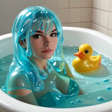{1rubber duck, 1 rubber duck made out of slime, (slime rubber duck:1.5), yellow slime body, orange slime beak, glossy black eyes, translucent slime rubber duck, transparent slime rubber duck}
hud_sp_bth, flower, petals, water, bath, in an elegant bath tub, bubbles made out of slime, slimes hiding in the bath bubbles, bubble bath, perspective from inside tub, prespective from inside bath,
everything made of slime, No simple background,
((translucent slime)), ((transparent slime)), (bioluminescent slime), sl1m3d, slime, slime-morph, saturated colors,