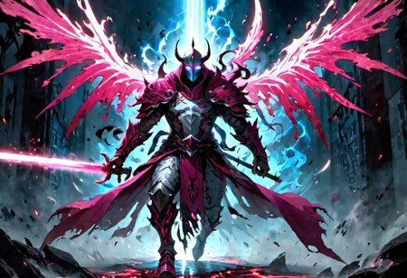 full body warrior of light in white and dark pink  armor clad in shadow dark mist has pink glow eyes with a thing blue mist running from the side of his eyes upwards masked face wielding a stylized katana of light angrey look blood stained cape right shoulder on black fire cloth mask revealing angrey eyes, with huge blue and black angle wings,
standing infront massive gates.