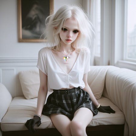 score_9_up, score_8_up, score_7_up, 
1girl, solo, <lora:bdemonpony011:1>, colored skin, pale skin, white skin, black hands, black feet, pitch black eyes, monster girl, skinny, anorexic, slim, horns, white hair,  
chain necklace, cross necklace, bracelets, white shirt and plaid skirt, 
indoors, dark black room, music decorations, 80's punk style, solo,  <lora:Skin Color_alpha1.0_rank4_noxattn_250steps:-1.5>