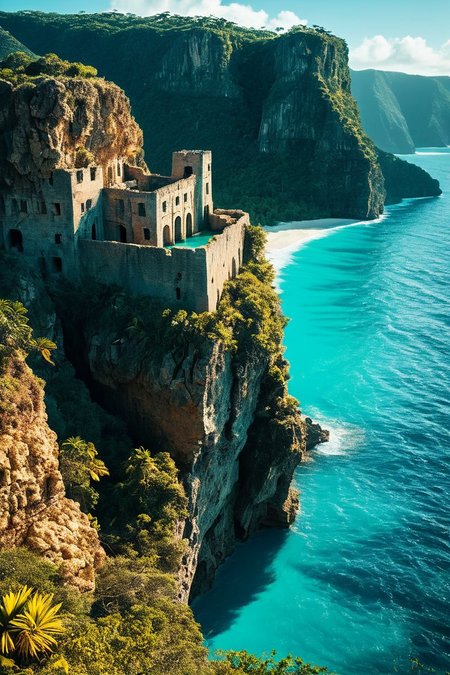 (((a ruined citadel standing on the edge of a precipice, overlooking a vast, deep chasm.))), Vivid Teals, Tropical Vibe: vibrant lighting, teal tones, sharp focus, lively ambiance, tropical elements, rich textures, vibrant look, lively atmosphere, tropical aesthetics, capturing nature's beauty, joyful emotions, vibrant scenes, artistic feel, storytelling through colors, professional technique, striking visuals, tropical concept, lively styling, vibrant environment, surreal aesthetics, captivating narratives, intricate details, tropical landscape, editorial storytelling, vibrant glows, evoking joy, pushing creative vision <lora:add-detail-xl:2> <lora:Cosine_freck:1>