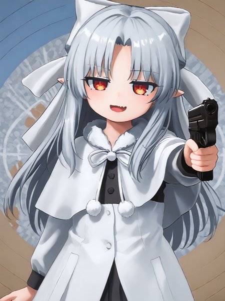 detailed background,
<lora:len.pony:1>
len, shiro,  
<lora:nanako.pony:1>
nanako, 
holding gun, smug, half-closed eyes, aiming at viewer, gun to viewer, open mouth,