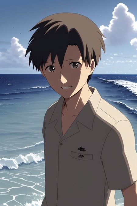 high resolution, solo, best quality, 1Boy, Takaki Toono, Brownish Hair, Brown Eyes, sea, bow cruise ship, stong wind, ocean, OverallDetail