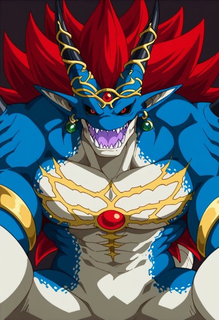 score_9, score_8_up, score_7_up, 1boy, solo, (2d), Expressiveh, (DemigraTF, monster, demon, blue body, white body, two tone body, blue scales, white scales, two tone scales, tail, horns, claws, green earrings, jewelry, headgear, red hair, long hair, red eyes, black sclera, gold bracelets, sharp teeth, fangs, smile, open mouth, purple tongue, looking at viewer), close-up, standing, black background, simple background, 4k, masterpiece, best quality, highly detailed, realistic