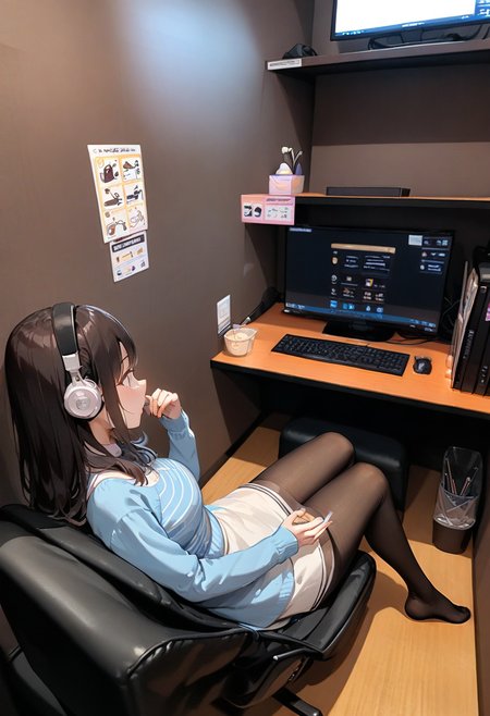 masterpiece, best quality, very aesthetic, absurdres,
necafe, scenery, 1girl, solo, computer, monitor, chair, black hair, sitting, book, striped, pantyhose, headphones, indoors, desk, lamp
 <lora:netcafe_SDXL_V1:1>