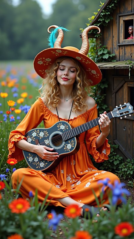 An image of a KrampusStyle A woman with curly, honey-blonde hair and warm, golden-brown skin sits cross-legged in a vibrant field of flowers, surrounded by a kaleidoscope of colors, as red poppies, yellow daisies, bluebells, and purple irises sway gently in the breeze, their petals shimmering like stained glass in the sunlight, the air filled with the sweet scent of blooming wildflowers, the woman's bright orange dress with white floral patterns and a matching wide-brimmed hat adorned with a turquoise feather, her eyes closed, a soft, enigmatic smile on her lips, as if listening to the flowers' song, nearby, an old, intricately carved wooden dollhouse, its paint chipped and faded, its windows like empty eyes, its door slightly ajar, as if inviting the woman to enter, the dollhouse overgrown with vines and moss, a few forgotten dolls and tiny furniture pieces scattered around it, the woman's slender fingers strumming the strings of a small, ornate guitar, its body adorned with mother-of-pearl inlays, the music blending with the flowers' gentle hum, creating a mesmerizing symphony of sound and color.. Dark, atmospheric and moody atmosphere. dark, moody, spiral
<lora:KrampusStyleFlux:__wildcards/numbers/07-09__>
