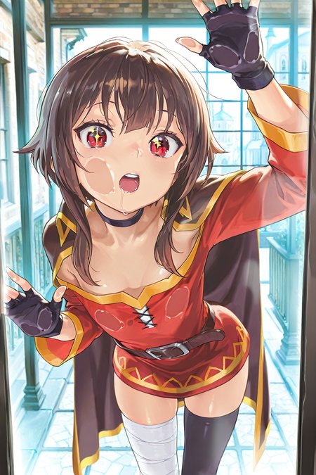 masterpiece, best quality, amazing quality, very aesthetic, absurdres, newest, scenery, volumetric lighting, depth of field, shiny skin,
1girl, megumin, red eyes, short hair with long locks, brown hair,
red dress, black choker, fingerless gloves, belt, black gloves, single thighhigh, black thighhighs, bandaged leg,  cape, 
flat chest, 
dynamic pose, leaning forward, 
cheek on glass, breasts on glass, hand on glass, 
drooling, wide-eyed, open mouth, sparkling eyes, looking at viewer, 
street, medieval, window, window shopping, 
perspective, colorful,
masterpiece, best quality, amazing quality, very aesthetic, absurdres, newest, scenery
<lora:breasts_on_glass_-_illustrious-XL_V1.0:1>