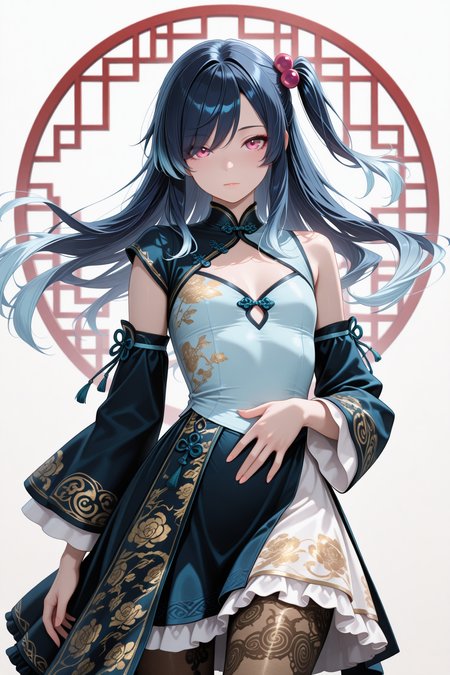 lazypos, 1girl,solo,looking at viewer,aged up, upper body, cowboy shot, ,  chinese background, 
white background, simple background, 
(floating hair:1.2), 
,embroidered  chinese clothes, , hands on own stomach,
frilled skirt,,dark yellow patterned pantyhose,single detached sleeves,  off shoulder, cleavage cutout, lace-trimmed ribbon,( clothes accessories), asymmetrical clothes, asymmetrical skirt, uneven legwear, 
(spiral curly hair:0.8),long hair,(dark blue hair:1.2),(light blue colored tips),pink eyes,swept bangs,one side up,eyes visible through hair,hair ornament,small breasts,flat chest,hair bobbles,mesugaki