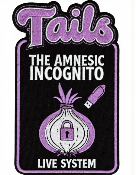 <lora:TextimproverV0.4:1> aidmatextimprover,   <lora:metal-logo:1> "Tails" in large text at the top. The text "The Amnesic Incognito Live System" is printed at the bottom.  Featuring  a purple and white logo of a  Mixture of onion, Lock and USB stick <lora:Embroidery_Patch_FLUX:1> patch, embroidery