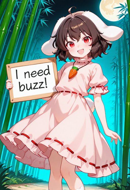1 girl, Holding sign “I need buzz”, 
Inaba Tewi, Petite, Flat Chest, Red Eyes,  :D, Smile, Closed Mouth, Brown Hair, Short Hair, Rabbit Ears, Floppy Ears, Rabbit Tail, Carrot Necklace, Pink Ribbon-Trimmed Dress, Puffy Short Sleeves, Ribbon-Trimmed Sleeves, White Socks, Standing, Head Tilt, Looking At Viewer, Best Quality, Amazing Details, Brilliant Colorful Paintings  ,moon, bamboo forest, night