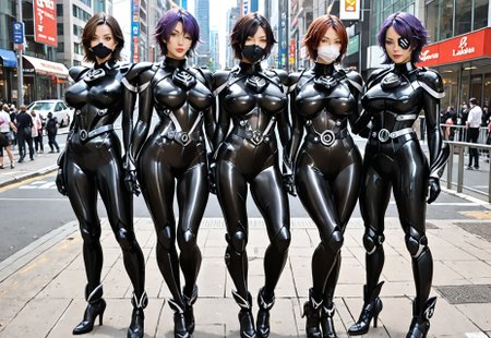 safe_pos, score_9,score_8_up,score_7_up,city,four women,facing viewer,full body,black battle costume, black bodysuit, beautiful luster,black armor, black gloves, large breasts,Beautiful legs, skin tight,gloves, 
tenryuu-kc, asian face, eyepatch, short hair, purple hair, yellow eyes,
 beautiful, hold , mask, Ladie combatant,
black rubber mask, Legs crossed,Sexy pose,
model standing,stand-by


