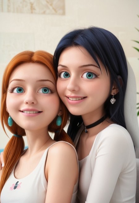 score_9, score_8_up, score_7_up, score_6_up, 
2girls, sitting together, on a couch, (leaning against each other, head on shoulder, cheek to cheek:1.4),
1girl, Sabrina Raincomprix, long hair, orange hair, green eyes, fair skin, earrings, white blouse, choker, 
1girl, Marinette Dupain-Cheng, long hair, bright bluebell eyes, black hair, twin tails, earrings, red blouse, choker, 
perfect eyes, real skin, amateur, photo, solo, perfect face, perfect eyes, sexy, beautiful eyes, petite body, 
masterpiece, best quality, amazing quality, 
heavy blush, thick dark eyelashes, tiny body,
(skinny girl), on a couch, family home, living room, wall pictures, plants,
blurry background, lot of people in background, shy expression, depth of field, volumetric lighting, biting lips, vibrant colors, intricate details, 
smiling, teeth, arms crossed, close up on face, real skin,
