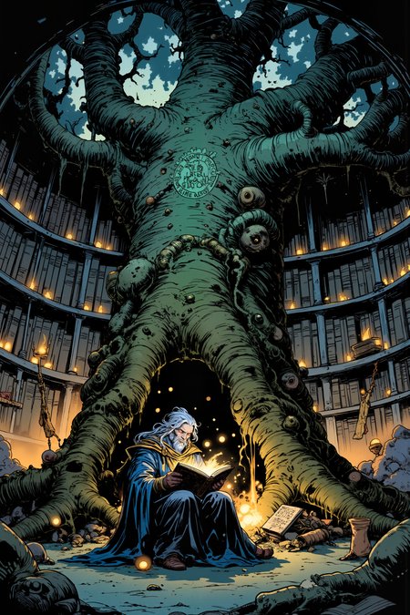 Inside a grand, ancient library built into the hollow trunk of a massive tree, a scholar with silver skin and glowing, amber eyes pours over an ancient tome, the pages illuminated by the soft glow of floating orbs of light. The walls of the library are lined with shelves that stretch up into the towering heights of the tree, each one filled with dusty, leather-bound books and scrolls that pulse faintly with the energy of forgotten knowledge. The treeâs bark is etched with intricate, glowing runes that hum softly in the quiet air, while the floor is covered in thick, mossy carpet that muffles the sound of footsteps. Above, massive branches twist and intertwine, forming natural arches that support the ceiling, their leaves shimmering with an ethereal, silver light. The scholarâs long, flowing robes, made of deep blue and gold fabrics, flutter slightly as they turn the pages of the tome, their eyes narrowing in concentration. The air smells faintly of aged parchment and the earthy scent of the living tree, creating an atmosphere of timelessness and quiet reverence. Outside, the soft rustling of leaves and the distant chirping of birds can be heard, blending with the soft crackle of magic that flows through the ancient runes. The scene is one of quiet study and contemplation, where knowledge and nature are intertwined in a living testament to the power of wisdom.  Fantastic lighting. Detailed shadows.intricate details, vivid colors, hyper-detailed, ultra-sharp<lora:Ev_Ganin:0.4><lora:Vintage comic book:0.4><lora:RetroAnimeFluxV1:0.15><lora:Greg_Capullo_style:0.4><lora:jeanClaude_Mzires_Style_FLUX-000001:0.4><lora:Flux_Ink_Anime:0.4>