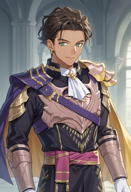masterpiece,best quality,amazing quality, source_anime,
ClaudeVonRiegan, ClaudeVonRiegan, 1boy, male focus, solo, green eyes, brown hair, short hair, dark-skinned male, jewelry, earrings, ascot, white ascot, shoulder armor, cape, tunic, black and gold tunic, white gloves, purple sash, black pants, smile,
