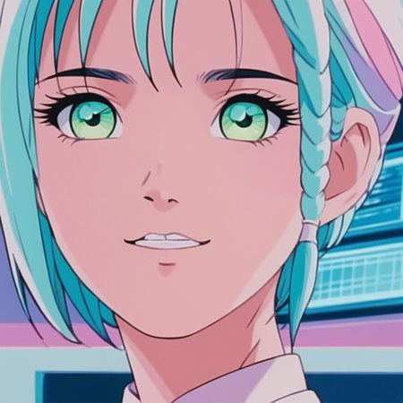 realistic, k4r1n woman standing, kawaii, cute, extreme close-up eye focus, happy, front view, background of gradient fluorescent computer room, pastel tones (by wes anderson:1) <lora:k4r1n-000005:0.6>