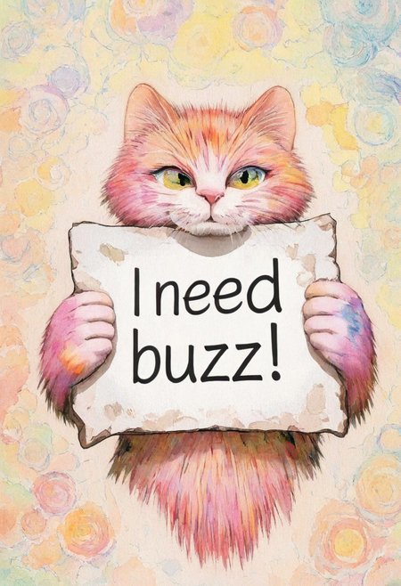 masterpiece, watercolor, colorful cat heads background, anime style cat, need_buzz, holding sign