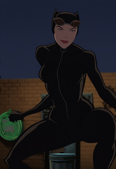 lazypos, masterpiece, best quality, amazing quality,detailed eyes, hi res, ultsm99, dcshowcasecatwoman, 1girl, eyewear on head, bodysuit, sunglasses, black hair, breasts, lipstick, red lips, seductive, smile, closed_mouth, looking at viewer, dynamic pose, night, outdoors, brick wall, graffiti, trash can, dark,