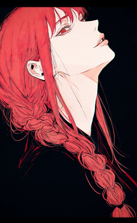 1girl, makima \(chainsaw man\), chainsaw man,  nishiii26miii, tp p pt, kyezzzz,
gradient coloring, anime coloring,
profile, lips, nose,  head tilt, averting eyes, looking at viewer, sideways glance,  parted lips, closed mouth, half-closed eyes, smirk, (aged up:1.3), braid, braid over shoulder,  
dark theme, simple background, black background, black theme, 
masterpiece, highres, greatscore, absurdres,