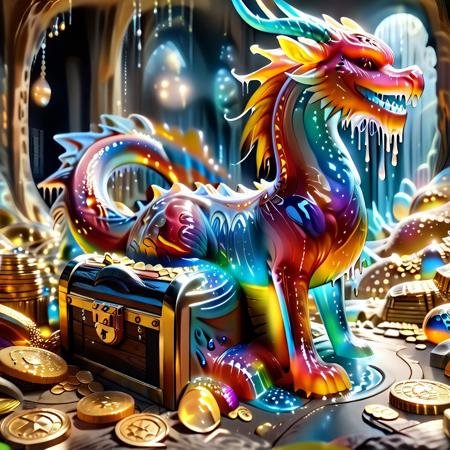 1dragon, highly detailed blue dragon, blue dragon made out of slime, scaly blue slime dragon, slime dragon with red eyes, blue slime dragon laying in its hoard, blue slime dragon with wings, dragon wings, 
multi-colored gems made out of slime, in a room of treasure made out of slime,  gold coins and bars made out of slime, wood-like treasure chest made out of slime, wood-colored slime chest, individual coins made out of slime, gold slime coins, piles of coins, 
treasure-room, treasure, treasure chest, gemstone, coins, gold bars, gold pile, 
everything made of slime, No simple background,
((translucent slime)), ((transparent slime)), (bioluminescent slime), sl1m3, slime, ais-blmn, watce, je11y, thickwater, great lighting, ral-lava, even lighting, no bright spots,