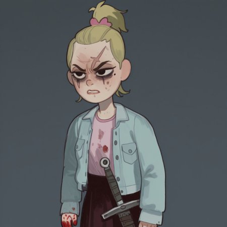 Sasha, 1girl, alone, short stature, blonde hair tied in a ponytail with a dark pink bow, mole on left cheek, light blue jacket, light pink shirt, 
Mossastyle
Sasha with a sad and angry, dull look and dark circles under her eyes. Sasha cries as she (((hugs a sword)))). Blood on her hands, blood on her clothes, a scar on her cheek.. Half body