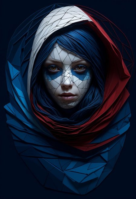 layered papercut, mysterious face, a native girl in artsy clothing, fading backlit background, (deep sea fading white to deep blue/red), alluring goddess, by Minjae Lee, Carne Griffiths, Emily Kell, Steve McCurry, Geoffroy Thoorens, Aaron Horkey, Jordan Grimmer, Greg Rutkowski, amazing depth, double exposure, surreal, geometric patterns, intricately detailed, bokeh,  perfect balanced, deep fine borders, artistic photorealism , smooth,  great masterwork by Suiras  <lora:add-detail-xl:2>  <lora:Double_Exposure:0.5>