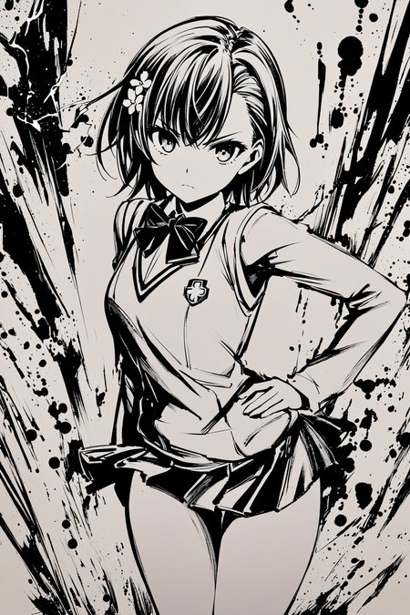 monochrome,greyscale,1girl,misaka mikoto,skirt,solo,hair ornament,bow,pleated skirt,looking at viewer,short hair,hand on hip,bowtie,school uniform,tokiwadai school uniform,electricity,long sleeves,bangs,shirt,cowboy shot,closed mouth,hair flower,sweater vest,electrokinesis,black bow,black bowtie,thighs,
<lora:okazu_XL:0.9>,