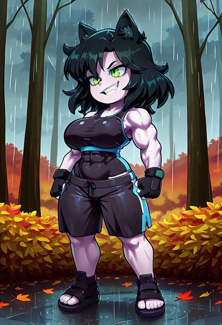 autumn forest, rain, 1girl, extreme muscular body, sportswear, sleeveless, shorts, visible tummy, sandals, fingerless gloves, medium hair, wild hair, black hair, green eyes, evil grin, pale skin, cat ears, black clothes, shortstack