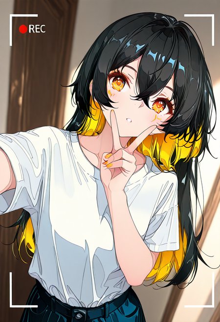 masterpiece, ultra-HD, very aesthetic, 8K, high detail, depth of field, score_9, score_8_up, 
BREAK
1girl, solo, ((slightly short side hair)), (reverse mullet:1.3), hair covering the gap between the eyes, black hair, Amber eyes, Amber inner hair, light Amber color eye makeup, (medium-length back hair), layered straight hair, airy bangs, ((side hair framing the face)), parted bangs, 
BREAK
half body, Selfie, V-hand gesture, Camera frame, 
BREAK
BREAK
<lora:Black_Wolf-Cut_Girl_with_Orange_Inner_Layers:1>,