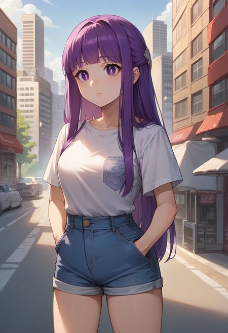 score_9, score_8_up, source_anime, 1girl, solo, FernFrieren, purple eyes, purple hair, long hair, half updo, hair ornament, t-shirt, denim shorts, standing, outdoors, city, hands in pockets, <lora:CHAR-FernPonyXL:1>