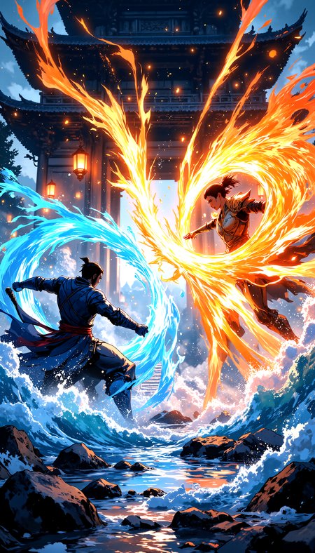 A fierce duel unfolds between two elemental warriors in the heart of an ancient shrine, their movements an elegant yet deadly dance of fire and water. One fighter, enveloped in swirling blue torrents, conjures massive waves with every strike, while the other, wreathed in burning embers, unleashes explosive arcs of fire. Sparks fly as their attacks collide, forming mesmerizing bursts of **bright orange flames and deep azure water droplets frozen mid-air.** The scene is captured in **anime-style cinematic brilliance, with ultra-detailed elemental effects, dynamic depth of field, and dramatic contrast lighting.** The camera sweeps in an intense circular motion, following the action with a fluid, anime-inspired perspective. The background—a sacred shrine bathed in warm lantern light—glows in soft hues, creating a breathtaking balance of warmth and coolness.