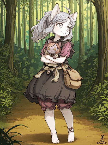 BREAK, <lora:Sheena_Falafel:1>, Sheena Falafel, Fuga: Melodies of Steel, kemono, furry female, young female, 1girl, cat girl, white fur, grey eyes, pastel blue hair, long hair, ahoge, bangs, sidelocks, animal ears, cat ears, animal nose, pink nose, Fuga 2 appearance, ponytail,
BREAK, Fuga 2 Outift, barefoot, braided anklet, claws, braided wristband, waist sash, pink bloomers, puffy skirt, tan satchel, paw print on stachel, purple blouse, short sleeves, crossstitch symbol on sleeve, dark grey cloak, hooded cloak, sleeveless cloak,
BREAK, Bleuette, Bleuette doll, character doll, stuffed cat, holding doll, holding object,
BREAK, solo, outside, forest, sunny, full body, looking away, standing, smile, head tilt,