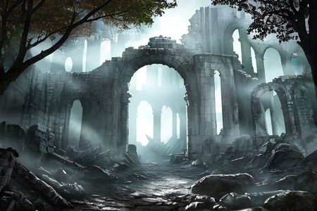 (masterpiece:1.2), (best quality,:1.2), 8k, HDR, ultra detailed, ((photorealistic)), professional light, cinematic lighting, fashion photography, ambient lighting,<lora:detail_slider_v4:3>, sinister ruins in a dark forest, FanRu <lora:FantasyRuins-10:0.7>, epiCPhoto