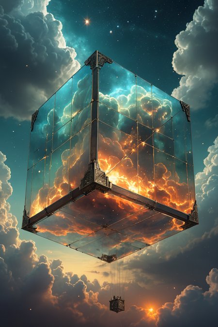 ethereal fantasy concept art of Bosch-style,a translucent cube traps eerie clouds,the starsscape warps,time distorts,surrealism reigns,stars,Glowing,sparkling . magnificent, celestial, ethereal, painterly, epic, majestic, magical, fantasy art, cover art, dreamy