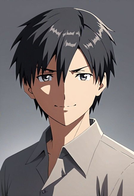 Highres, Masterpiece, High Quality, 4K, 8K, solo, 1Boy, Takaki Toono, adult, black hair, short hair, Shirt, passport_photo_style, looking at viewer, angry, smile, focused gaze forward, plain background, straight body, head upright, easynegative, detailed_eye_model