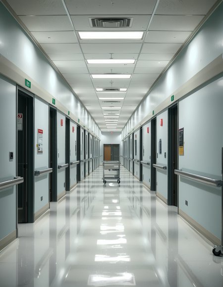 A long, sterile hospital corridor with bright white walls and a polished, reflective floor. The fluorescent ceiling lights cast a cold, clinical glow, emphasizing the cleanliness of the space. The hallway is lined with closed patient rooms, each marked with a small number plate. Stainless steel handrails run along the walls, and a few medical carts are neatly parked near the side. The corridor appears empty, creating a sense of stillness and anticipation. At the far end, a set of double doors with small glass windows leads to another section of the hospital. The atmosphere is quiet, professional, and highly sanitized, evoking a sense of order and precision.
<lora:SDXLFaeTastic2400:0.4> <lora:extremely_detailed:0.4> extremely detailed, <lora:sterile_hospital_c0rr1d0r:1>,sterile hospital c0rr1d0r, Masterpiece,best quality,hi res,8k,hi res,8k,award winning,(sharp focus, intricate, highly detailed),