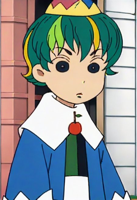 hat, green hair, multicolored hair, long sleeves, short hair, cherry, fruit, 1girl, blonde hair, black eyes,,,,,,,,,,, ,,,,,anime coloring,anime screencap, 1girl,Solo ,, anime,,,,official art, Uncensored ,Unedited ,,,,, ,,,,,,