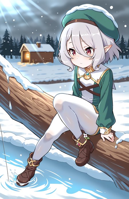 1girl, solo, <lora:Daikin:1> dkn, 
kokkoro \(princess connect!\), grey hair, red eyes, short hair, pointy ears, flat chest, petite, mod outfit, mini dress, long sleeves, white pantyhose, ankle boots, beret, (medium shot), fishing through ice, detailed face, located in a winter scene at a snow-covered log cabin during night with overcast weather, illuminated by bright sunlight, creating a wondrous,magical atmosphere, extremely detailed, highres, masterpiece, best quality