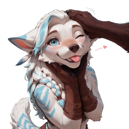 masterpiece, best quality, good quality, very ava, amazing quality, very aesthetic, high resolution, ultra-detailed, 4k, highres, absurd res, volumetric lighting, 5n0w5k4u, Zaush, photorealistic details, mature,

1girl, anthro, furry, fluffy, wolf, (white fur), fur tuft, mane, light blue stripes, large ears, long hair, long braid, blue eyes, happy, blush, blep, (wink), (head tilt), light blue highlights, feathers in hair, hands under chin, headpat, high angle view, looking at viewer, tribal, white background,