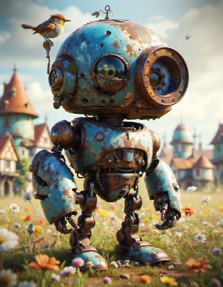 hyper detailed, 4k, masterpiece, concept art, whimsical steampunk style, small and quirky robot with large round eyes, standing in a field with a small bird on its head, rusted and weathered metal components, intricate details on the robot's body, background of a whimsical village with peculiar buildings, soft and natural lighting, playful and endearing atmosphere, rich textures and vibrant colors, emphasizing the robot's charm and the fantastical setting