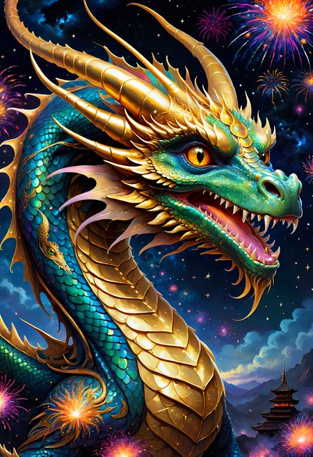 detailed asian painting, an adorable baby eastern dragon flying in the sky full of fireworks, ,extremely detailed, beautiful eyes, sparkling, night time, fantasy art, dark fantasy, dragon breathing fireworks,starry sky filled with fireworks, extremely detailed multicolored iridescent scales  entered in Perfect Composition, Complex Details Showing Unique and Enchanting Elements, Very Detailed Digital Painting, Golden Ratio, Dramatic Lighting, Very Realistic 
 <lora:SDXLFaeTastic2400:0.5>