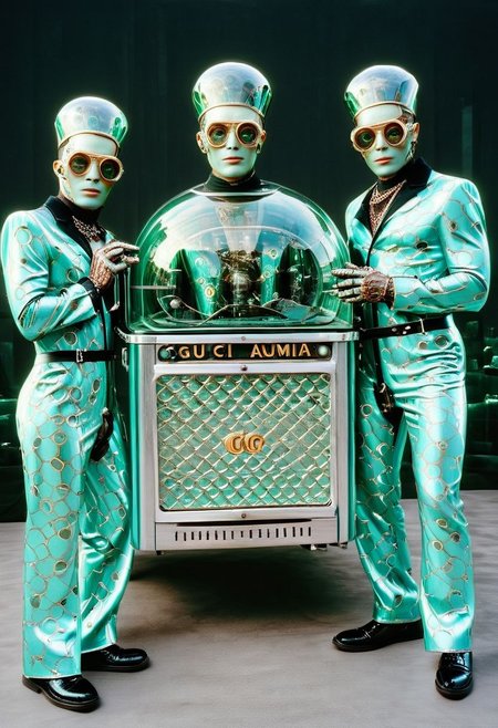 An incredible award winning experimental cinematic still, Three brave men with bell jars for gigantic heads, they have huge freakish eyes, wearing delightful stylish jumpsuits by Gucci, posing in front of a stylish futuristic lowrider hoover car with etched uranium glass windows, 1970s science fiction, dramatic cinematic moody lighting, full soft offset printing, psychedelic trip, cursed image, masterpiece, museum quality, Robert Rauschenberg rococo Style, RococoPunkAI