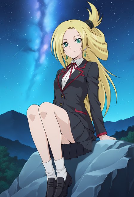 masterpiece,best quality,amazing quality,

1girl, solo,

Kourin Tatsunagi (Cardfight Vanguard), long hair, blonde hair, green eyes, school uniform, jewelry, earrings, neck ribbon, white shirt, blazer, long sleeves, pleated skirt,  white socks, shoes, black footwear,

looking at viewer, smile, 

cinematic, 

Sit, leaning back, with two arms,

bloom, night, at mountain, greenery, galaxy sky, 

Official style, anime screencap, anime coloring, 
















