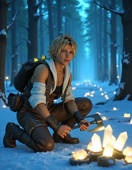 Tid_dus_2025, The image is a CGI-rendered digital artwork featuring Tidus, a young male character with a striking, anime-inspired aesthetic. He has a lean, athletic build and tanned skin. His hair is messy, spiky, and a light, sandy blonde color. His piercing green eyes and sharp facial features give him a curious, focused expression. He is dressed in a warm, layered outfit: a thick, fur-lined vest over a long-sleeved white shirt, paired with brown trousers and insulated boots. A satchel hangs from his shoulder, filled with glowing crystal shards.
The background is the enchanting Macalania Woods, with its icy pathways and shimmering aurora-like lights. Tidus kneels by a cluster of glowing crystals, carefully extracting one with a small pickaxe. The air is filled with a faint, magical mist, and the ground is covered in a soft layer of snow. The overall style is highly detailed and realistic, typical of advanced CGI techniques often used in video game and animated film character design. <lora:Tidus_2025-Civitai:1.0> <lora:AntiBlur:1.0>
